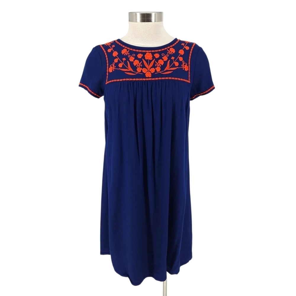 Old Navy Peasant Shift Dress Navy Blue Floral Embroidered Short Sleeve Button XS